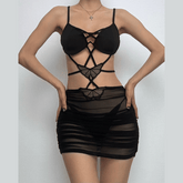 Cross front butterfly mesh hollow out cami mini dress | black rave dress