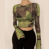 Print mesh see-through ruffled flared sleeve top