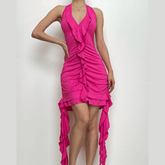 Self tie halter ruffle ruched v neck ribbon backless mini dress | red tango dress