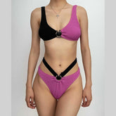 Hollow out o ring textured contrast padded one piece swimwear