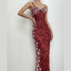 Flower print v neck backless mesh contrast cami midi dress | red tango dress