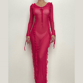 Ruffle turtle neck sheer mesh see through long sleeve maxi dress | red tango dress | samba dress