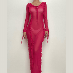 Ruffle turtle neck sheer mesh see through long sleeve maxi dress | red tango dress | samba dress