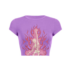 Pink fire skeleton print slant Baby Tee