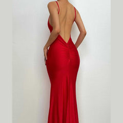 Low cut v neck ruched solid backless cami maxi dress | red tango dress