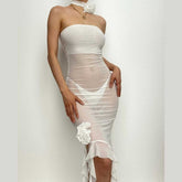 Solid slit sheer mesh see through flower applique mini dress | red tango dress | samba dress