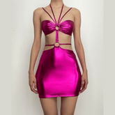 Metallic o ring halter self tie backless hollow out mini dress | red tango dress