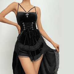 Velvet lace hem ruched lace up backless irregular midi dress | red tango dress