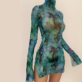 Sheer mesh see through print high neck slit long sleeve mini dress | samba dress