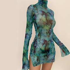 Sheer mesh see through print high neck slit long sleeve mini dress | samba dress
