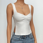 Ruched sleeveless slit solid v neck backless top
