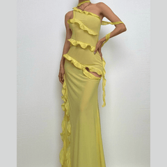 One shoulder ruffle irregular high slit maxi dress | red tango dress