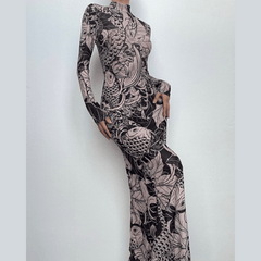 Sheer mesh see through abstract long sleeve high neck maxi dress | samba dress
