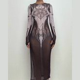 Long sleeve sheer mesh print midi dress | samba dress