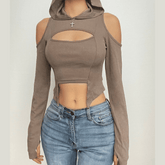 Hollow out off shoulder gloves hoodie long sleeve crop cut out top
