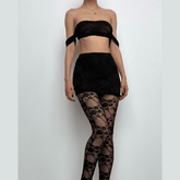 Off shoulder lace see through solid pant set