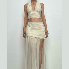 Halter ruched deep v neck high slit mesh maxi skirt set