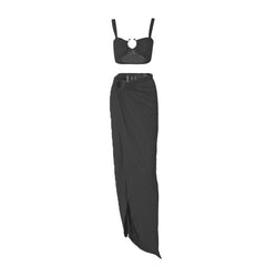 O ring ruched crop high slit cami maxi skirt set