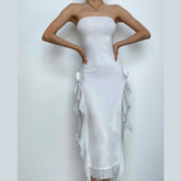 Flower applique solid backless ribbon slit tube maxi dress | red tango dress
