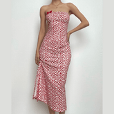 Heart print contrast slit bowknot backless tube midi dress | red tango dress