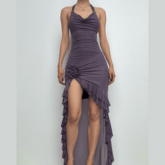 Halter cowl neck flower applique ruffle maxi dress | red tango dress