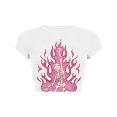 Pink fire skeleton print slant Baby Tee