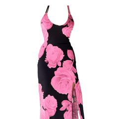 Rose print u neck slit cross back cami maxi dress | red tango dress