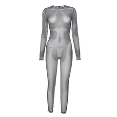 Long sleeve crewneck body print zip-up sheer mesh jumpsuit