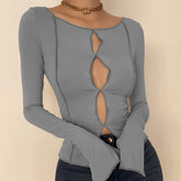 Hollow out round neck long sleeve cut out top