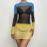 Contrast sheer mesh see through long sleeve crewneck mini dress | samba dress
