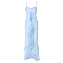 Ruffle high slit ruched hollow out cami maxi dress
