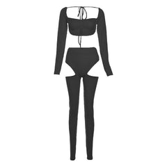 Long sleeve square neck ribbed hollow out pant set