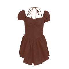 Short puff sleeve sweetheart neck ruched halter smocked mini dress