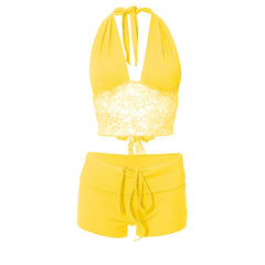 Halter lace hem drawstring ribbed crop pant set