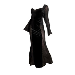 Long sleeve velvet v neck cross print mesh patchwork maxi dress | black rave dress