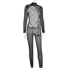 High neck long sleeve lace backless jumpsuit