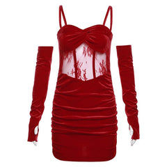 Velvet gloves ruched mesh backless cami mini dress | red tango dress