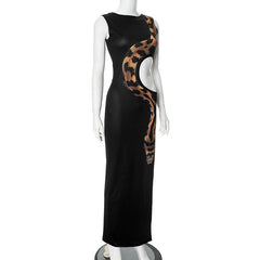 Sleeveless crewneck snake print hollow out slit maxi dress
