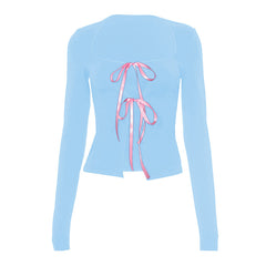 Long sleeve bowknot hollow out ribbon top