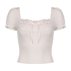 Short puff sleeve ribbed bowknot ruffle top