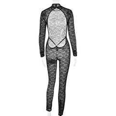 High neck long sleeve lace backless jumpsuit