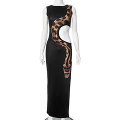 Sleeveless crewneck snake print hollow out slit maxi dress