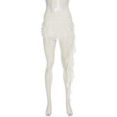 Mesh ruffle irregular mini skirt