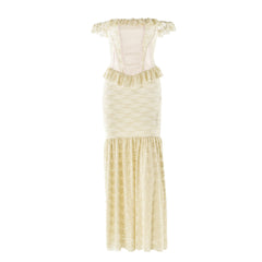 Off shoulder bustier lace patchwork ruched maxi dress