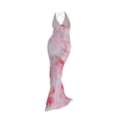 V neck lace hem backless print cami maxi dress | red tango dress