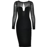 Long sleeve mesh patchwork button midi dress | red tango dress