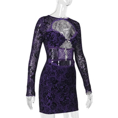 Long sleeve hollow out lace button mini dress