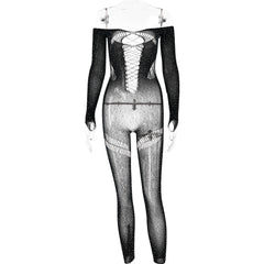 Off shoulder long sleeve beaded hollow out jumpsuit