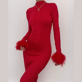 Long sleeve solid feather ruffle high neck backless midi dress | red tango dress
