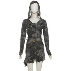 Hoodie long sleeve belt hollow out mini dress